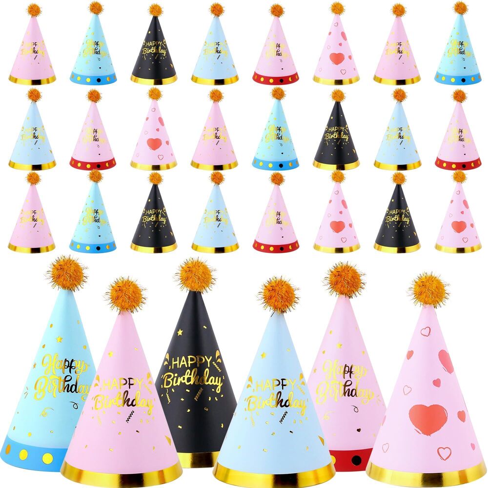 5005 30 Pack Birthday Party Hats Colorful Cone Paper Hats with Pom Poms